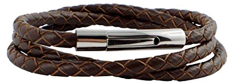 König Design Lederkette Lederband 4 mm Herren Halskette ohne Anhänger Braun 60 cm lang mit Hebeldruck Verschluss Silber geflochten