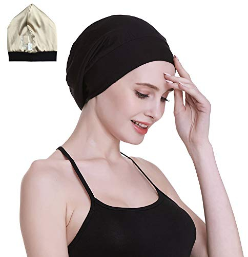 FocusCare Schlafkappe, mit Seidensatin gefüttert, innen 19 mm, 100% Maulbeerseide, außen aus Bambus, Viskose, atmungsaktiv, für Haare, schwarz, Einheitsgröße