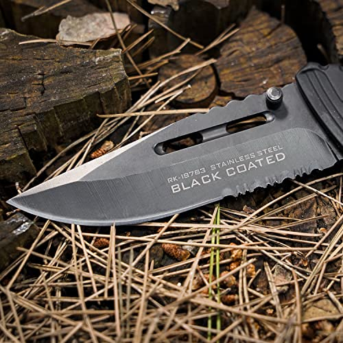 TS Couteau | K25 Couteau canif pliant à revêtement noir pour homme et femme | Lame noire en acier inoxydable de 9 cm | Couteau de survie, la randonnée, le camping