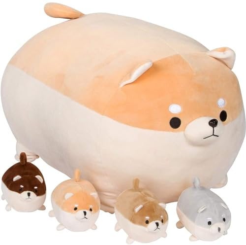Snugababies Shiba Inu Stofftier Mama mit 4 Baby Welpen im Bauch - Plüschtier Anime Corgi & Akita Kawaii Hund Weiches Kissen Plüschtier Geschenke für Jungen Mädchen, Mama Surprise