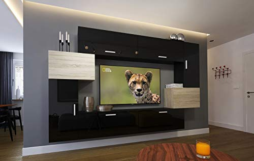 Furnitech Wohnwand Wohnzimmer | Hängend Wohnwand Modern | Wohnzimmer Schrankwand mit Regale und TV Schrank | Wohnzimmer Möbel ohne LED (Orlen AN6-17BS-HGM30 1A)
