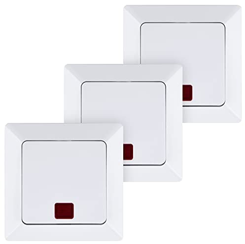 HEITECH Lichtschalter mit Kontrollleuchte in weiß - Neues Modell - 3x Unterputz Ein-/Ausschalter 250V AC, 10A, IP20 inkl. Rahmen, Unterputz-Einsatz & Abdeckung - Schalter beleuchtet Unterputzschalter