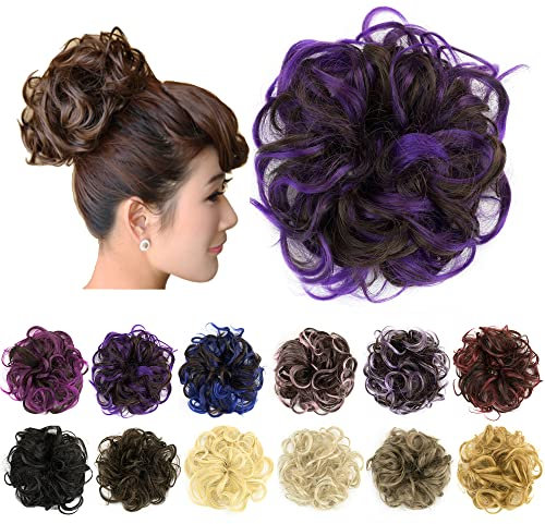IMISSU 2 STÜCKE Messy Dutt Haarteil Hochsteckfrisur Gefälschte Haargummis Pferdeschwanz Verlängerung Wellenförmige Lockige Haarteile Chignon Stirnband (2 STÜCKE Braun Violett)
