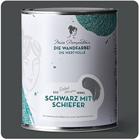 MissPompadour edelmatte Wandfarbe Schwarz mit Schiefer 1L - sehr hohe Deckkraft - geruchsneutrale, spritzfreie Farbe - atmungsaktive, wasserbasierte Innenfarbe/Deckenfarbe - Die Wertvolle