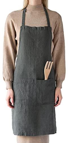 My Linen Home I Leinen Kittelschürze I 100% Stonewashed Leinen I Schürze Damen I Kochschürze Herren I Küchenschürze mit Zwei Taschen I Grillschürze I Einstellbare Größe I Leinen Schürze Grün