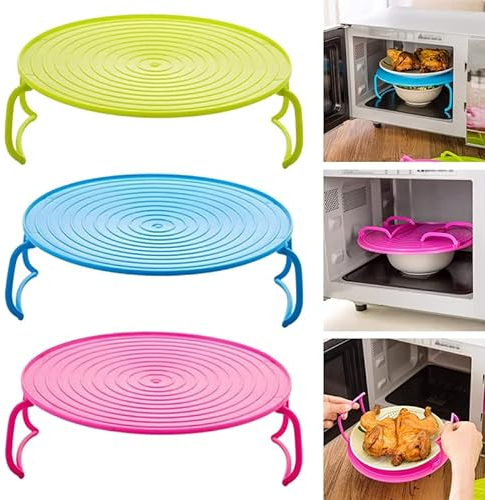 Mikrowellen-Falttablett 4-in-1 Mikrowellen-Tablett, Ständer, Spritzer, rundes Dampfgestell, Mikrowellen-Teller-Stapel, Backofen-Tablett für Speck, gefrorene Snacks, Kochzubehör (blau + rosa + grün)