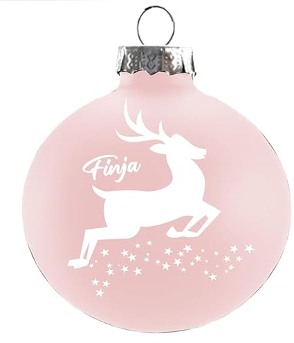 Weihnachtskugel Rentier mit Name Bedruckte aus Glas 8cm Wunschtext | Matt &Glänzend Personalisierte Christbaumkugel Groß | Weihnachten, Weihnachtsbaumschmuck | Kugeln (Matt, Rosa)