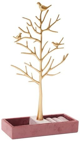 Présentoir à Bijoux en Forme D'arbre à Oiseaux, Présentoir pour Colliers, Bracelets, Boucles D'oreilles, Arbre à Bijoux avec Plateau en Daim, Organisateur de Support D'arbre à Bijoux en or pour Salons