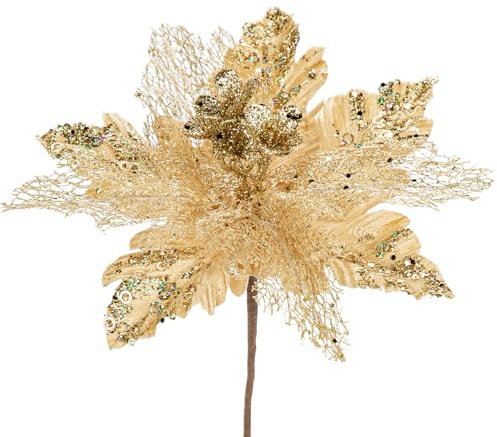 Arborus 6 fiori artificiali a forma di stella di Natale glitterata da 29 cm, grandi fiori di Natale artificiali, decorazioni per albero di Natale, stelle di Natale dorate, decorazioni natalizie per