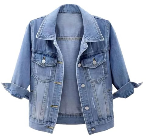 Niiyyjj Women Half Sleeve Coat Ladies Washed Cropped Denim Jacket Girl Ripped Jean Cardigan Sky blue L