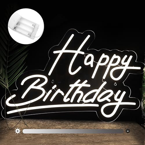 Large Happy Birthday Neon Sign Battery Operated, 5V Usb Powered Neon Signs for Wall Decor, Adjustable Brightness Happy Birthday Signs(22.4 x 14.3 inches, White)