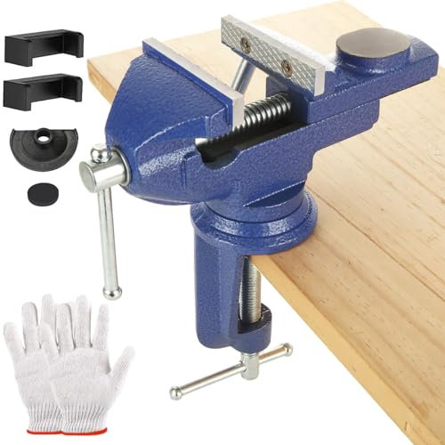 LOPYXBR Schraubstock 70mm Klein Drehbar Mit 4 Gummipads und Handschuhe - Mini Tischschraubstock für Werkbank, Kleine Arbeiten, Kunst, Schmuckfertigung