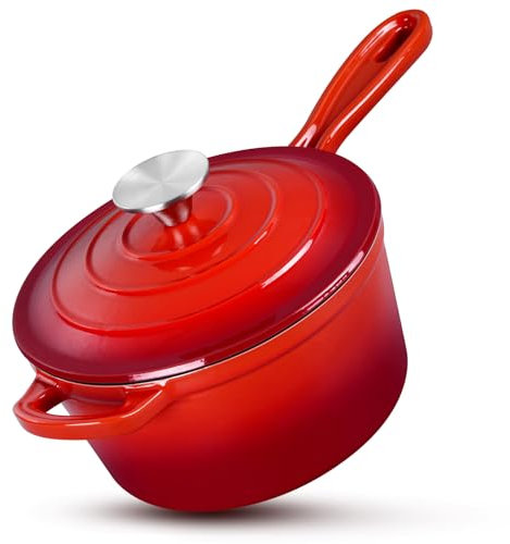 HaSteeL 2 QT Cast Iron Saucepan, Mini Enamel Dutch Oven with Lid, Small Non Stick Pan for Milk, Pasta Tomato Sauce, Butter, Breakfast, Soup, Suitable for Boiling Stewing Frying, Easy to Clean, Red