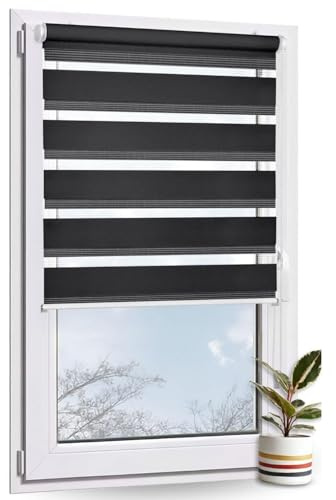 Rollmayer Doppelrollo Klemmfix ohne Bohren Schwarz B40 x H130cm | Klemmrollo Fensterrollo Duo Rollo Sonnenschutzrollo Zebrarollo Seitenzugrollo für Fenster und Tür