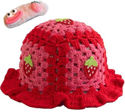 Erdbeer-Shortcake-Hut, Erdbeer-Eimerhut, rosa gehäkelt, gerüscht, Erdbeere, Shortcake-Hut für Damen, Rote Erdbeere, Einheitsgröße