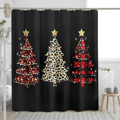Tenda da doccia con albero di Natale, tenda da bagno nera con disegni scintillanti di alberi di Natale, tenda da doccia in tessuto impermeabile per decorazione del bagno, 183 x 183 cm