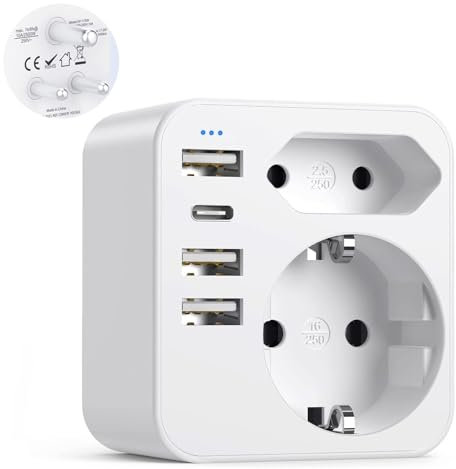 6 in 1 Reiseadapter Indien Reisestecker Sri Lanka Steckdosenadapter Type D mit 3USBA 1USB C, Deutschland Stecker Reisestecker für Indien, Sri Lanka,Nepal, Reisestecker Stromadapter