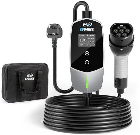 EVDANCE EV Charger Cable Type 2 to 3 Pin Plug 6m [6-13A] Current Adjustable Portable Electric Car Charger with 0-12h Time Delay, IP66, Type 2 Charging Cable for EV & PHEV, Sliver