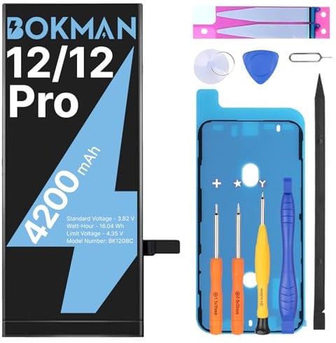 bokman Battery Replacement for iPhone 12/12 Pro, High Capacity 4200mAh Lithium Polymer Battery with All Tool Kits and adhesive tape