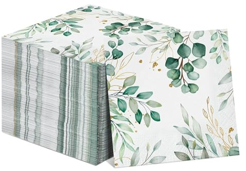 FENGCHUANG 80 Stücke Servietten Grün Grünes Blattmuster 33 x 33 cm | Eukalyptusblätter-Servietten Frischholzzellstoff Papierserviette für Taufe Deko Tischdeko Geburtstag