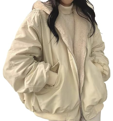 Wendejacke Damen Sherpa-Jacke für Damen, Teenager, Mädchen, wendbar, Y2k, Reißverschluss, Kapuzenpullover, Fleece, Pelz, Grunge Wintermantel, Cutecore, koreanische Kleidung（Umkehrbar）