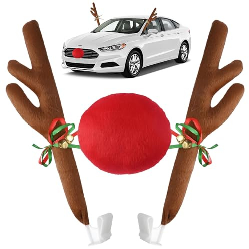 KOMEIYL Rentier Geweih für Auto, Rentier Auto Deko Weihnachten, Rote Nase Rentier Kostüm Auto, Gilt für Straßenausstellung von Familien, Während der Weihnachtszeit Festliche Atmosphäre
