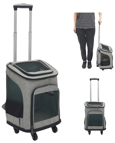 Hundetransportbox mit Rollen,Faltbarer Transportbox,Katzenrucksack mit Teleskopgriff,Transportboxen für große Katze und kleine Hunde mit atmungsaktivem Mesh,Haustier Rucksack bis 9 kg (Grau)