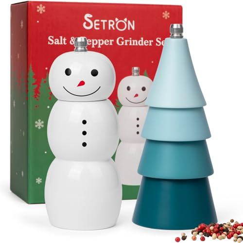 SETRON Christmas Salt and Pepper Grinder Set, Snowman & Tree Refillable Salt and Pepper Mills with Adjustable Ceramic Core, Wooden Manual Salt and Pepper Shakers for Kitchen,Gift, Christmas Decor