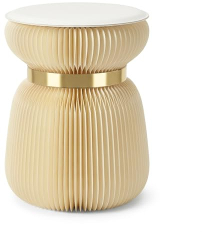 Lyveo Papierhocker Klapphocker faltbar aus Papier Ø 32x42cm Klappstuhl Hocker klappbar | moderner Beistelltisch rund Barhocker Tritthocker Klavierhocker Campingstuhl - Beige mit goldenem Band