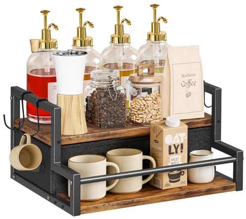 sudatong Kaffee Organizer, Küchen Organizer Holz, Küchenregal Arbeitsplatte, Kaffeebar Zubehör, Kaffeebar mit Aufbewahrungs Schublade, 2 Tier Kaffeebar Regal für Küche, Zuhause, Büro - Braun