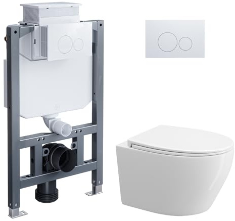 HOROW Wand WC Spülrandlos mit 04L Unterputz Spülkasten und Drückerplatte | Vorwandelement WC Set Komplett, Hänge WC Weiß mit Nanokeramik, Doppelspülung Wassertank, Kraftvolle und Geräuscharme Spülung