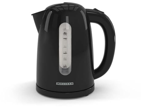 Melissa 1.7L Electric Kettle, Cordless with 360° Rotating Base, Concealed Heating Element, Water Level Indicator - Black