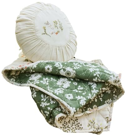 Loberon Plaid und Kissen Puddlebrook - mit Kaninchen-Stickerei - Wendbares Plaid mit Floralem Muster - Wohntextilien - Baumwolle, grün/Creme