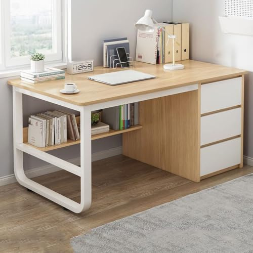 ELZEM Computertisch Moderner Schlichter Schreibtisch mit Ablagefächern und 3 Schubladen Holz Büroschreibtisch für Zuhause, Büro, Arbeitsplatz B, 100 x 50 x 74,5 cm