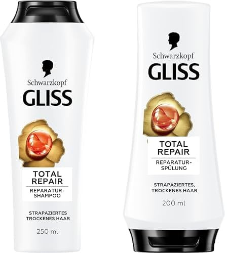 Gliss Total Repair Set: Shampoo (250ml) + Spülung (200ml), mit flüssigem Keratin & Blütennektar, Anti-Haarbruch Reparatur Pflege Set für trockenes, geschädigtes Haar, bis zu 90% weniger Haarbruch