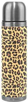 Coosun Leopard Motif en acier inoxydable Thermos Bouteille d'eau sous vide Gobelet isotherme anti-fuite double vide pour bouteilles, cuir PU Voyage thermique Mug, 481,9 gram