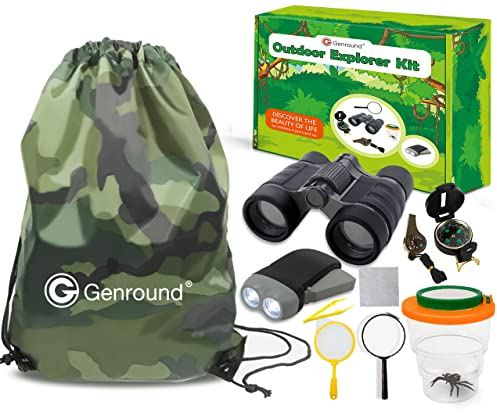Genround Entdecker Geschenk für Kinder, Insekten Forscherset,10 Stück Outdoor Garten Spielzeug inklusive Fernglas Pfeife Kompass Pinzette Taschenlampe Lupe Bug Viewer für Camping