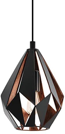 EGLO Pendellampe Carlton 1, 1 flammige Vintage Pendelleuchte, Retro Hängelampe aus Metall in Schwarz und Kupfer, E27 Fassung, Ø 20,5 cm