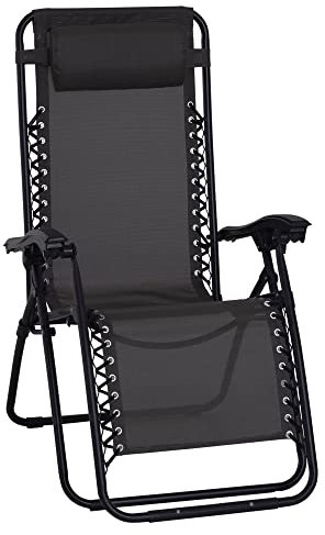 Outsunny Zero Gravity Chair Metal Frame Texteline Armchair Outdoor Folding and Reclining Sun Lounger with Head Pillow for Patio Decking Gardens Camping, Black