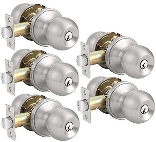 Probrico 5 Pack Entry Door Knob with Key Stainless Steel Exterior Door Knobs Round Security Front Door Lock Set Satin Nickel