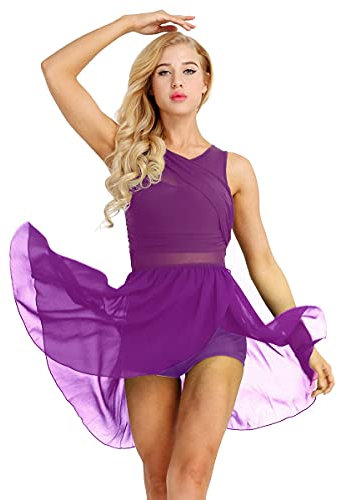 YiZYiF Ragazze e Donne Body da Danza Vestito da Balletto Classica Leotard in Chiffon Paillettes Senza Maniche Dancewear Allenamento Costume da Ginnastica Irregolare Performance Viola S