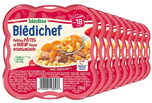 Blédina - Blédichef - Repas Bébé 18 Mois - 9 Plats Pâtes Bœuf Bourguignon - Petits Morceaux - Faible Teneur en Sel - Dès 18 Mois - 9 Assiettes 250g