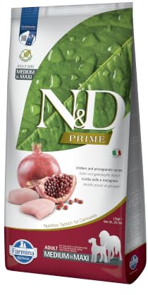 Farmina N&D Prime Adult Medium Pellets Hundefutter (Trockenfutter, mit hochwertigen Vitaminen und natürliche Antioxidantien, ohne Mais, Zutaten: Hähnchen und Granatapfel, Portionsgröße: 12 kg)