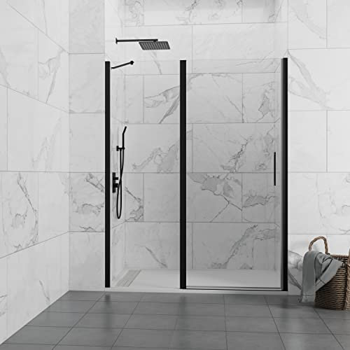GME Open Black Combi D - Paroi de douche fixe + porte rabattable, fermeture profilée aimantée, profil noir mat, verre anti-calcaire (plage 85-90 cm, fixe 30 cm + porte 55 cm)