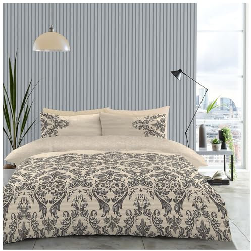 GC GAVENO CAVAILIA Damask Floral Single Duvet Cover With Matching Pillow Case - Reversible Stripe Flowers Botanical Single Bedding Set - Cream