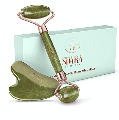 Sdara Ensemble de rouleau de jade et Gua Sha pour vieillissement gracieusement avec belle peau - Outil de massage pour le visage, le corps, le cou - Réduit les rides