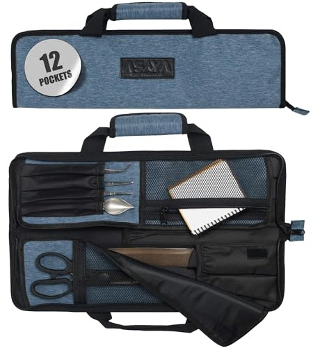 Asaya Chef Knife Roll Bag - 12-Pocket Chefs Case for Kitchen Knives and Utensils, Lightweight Stain-Resistant Waxed Nylon Chef Knife Bag - Knives Not Included (Blue)