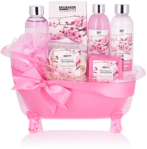 BRUBAKER Cosmetics Bade- und Dusch Set Kirschblüte - 8-teiliges Geschenkset in dekorativer Wanne