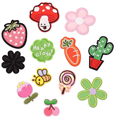 CYWQ 12 Stück Aufnäher zum Aufbügeln, Pilz, Kaktus, Erdbeeren, Biene, Blume, bestickte Applikation für Jeans, Jacken, Kleidung, Handtaschen, Schuhe, Kappen für Kinder und Erwachsene