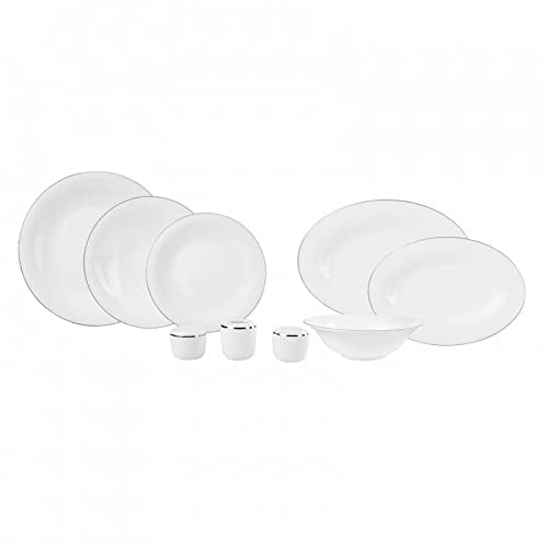 Karaca Fame 58-Piece Dinner Set for 12 People, White Fine Pearl Dinnerware Sets, Luxury Plate Set with Silver Rim Design